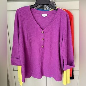 EUC J. Jill Purple V-Neck Buttoned Textured Pullover SZ M